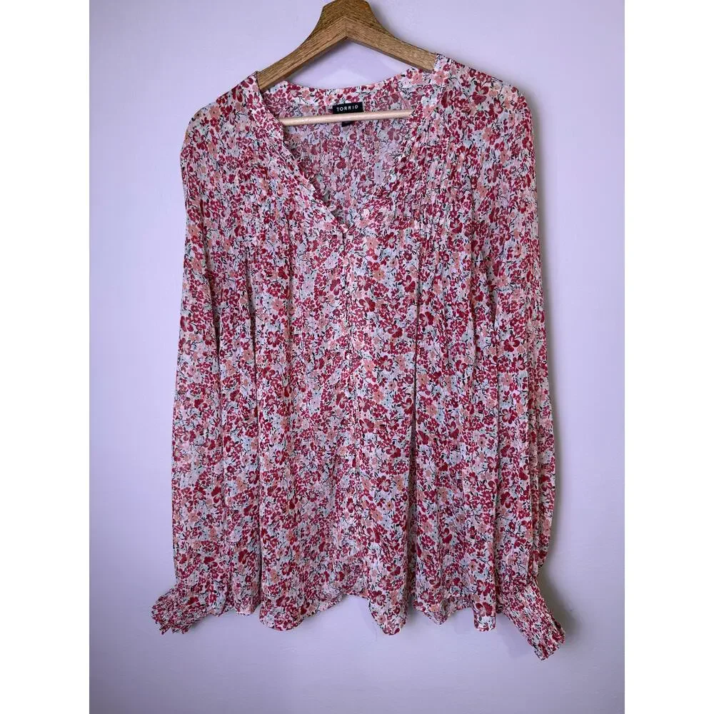 Torrid Floral Button Front Blouse Pink Red Long Sleeve Peasant Top Size 2XL - Picture 1 of 3